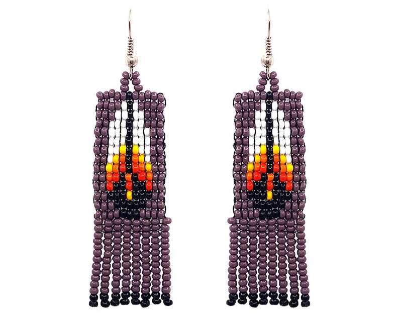 WelcomeNative Tribal Seed Bead Feather Pattern Fringe Dangle Earrings