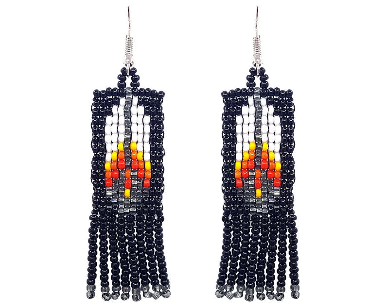WelcomeNative Tribal Seed Bead Feather Pattern Fringe Dangle Earrings