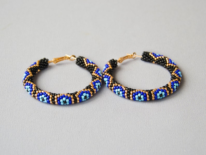 WelcomeNative Big Beaded Hoop Earrings Black And Blue Hoops