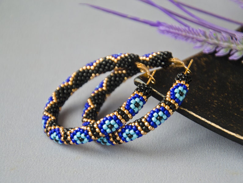WelcomeNative Big Beaded Hoop Earrings Black And Blue Hoops