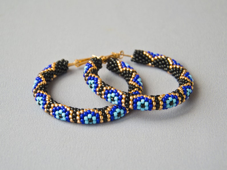WelcomeNative Big Beaded Hoop Earrings Black And Blue Hoops