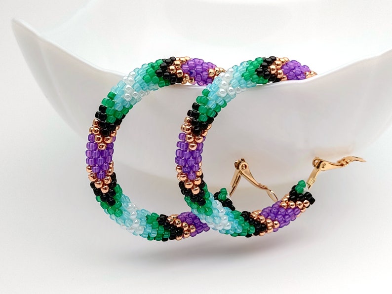 WelcomeNative Big Beaded Purple Green Hoop Earrings