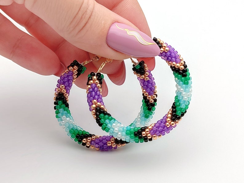 WelcomeNative Big Beaded Purple Green Hoop Earrings