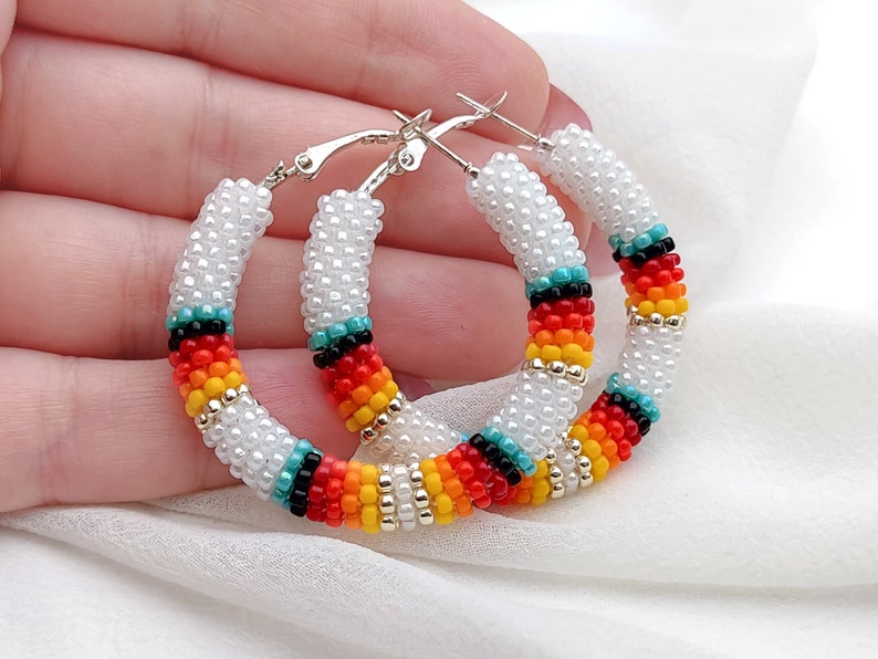 WelcomeNative Handmade White Beaded Hoop Earrings