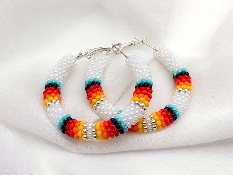 WelcomeNative Handmade White Beaded Hoop Earrings