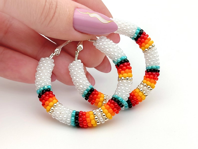 WelcomeNative Handmade White Beaded Hoop Earrings