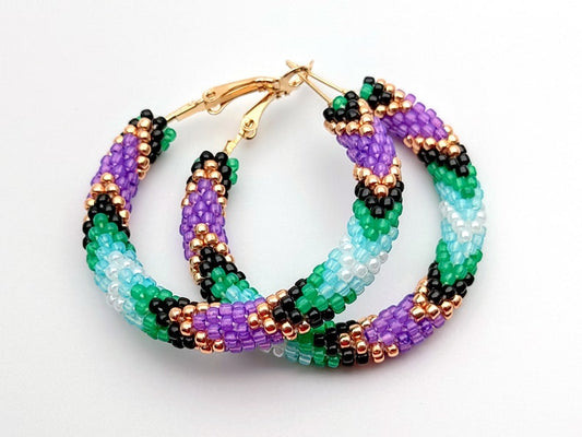 WelcomeNative Big Beaded Purple Green Hoop Earrings