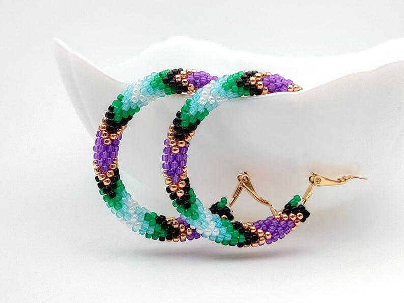 WelcomeNative Big Beaded Purple Green Hoop Earrings