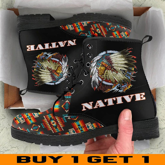 WelcomeNative Black Pattern Native Leather Boots, 3D Shoes, All Over Print Shoes