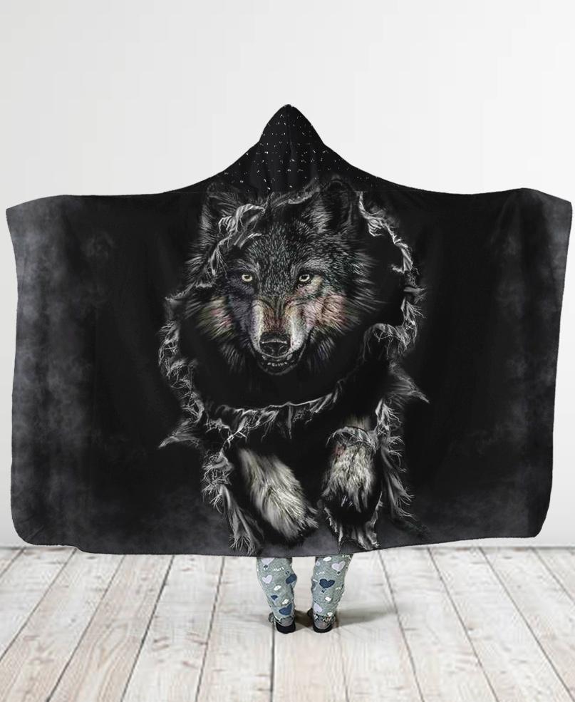 WelcomeNative Black Wolf Hooded Blanket, All Over Print , Native American