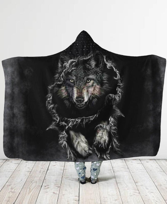 WelcomeNative Black Wolf Hooded Blanket, All Over Print , Native American