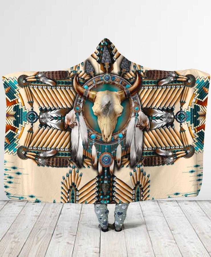 WelcomeNative Buffalo Head Motifs Hooded Blanket, All Over Print, Native American