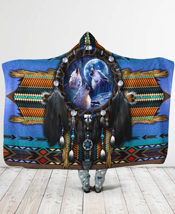 WelcomeNative Blue Wolf Hooded Blanket, All Over Print , Native American