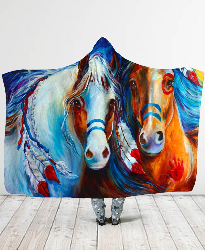 WelcomeNative Colored Horse Hooded Blanket, All Over Print, Native American