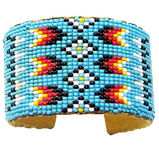 WelcomeNative Handmade Beaded Indian Jewelry Seed Turquoise Blue Hard Cuff Leather Bracelet Unisex