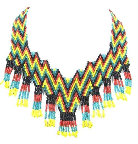 WelcomeNative Handmade Black RED SEA Green Yellow Original Beaded Medallion Necklace Beadwork