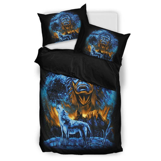 WelcomeNative Blue Black Native Wolf Bedding Set, 3D Bedding Set, All Over Print, Native American